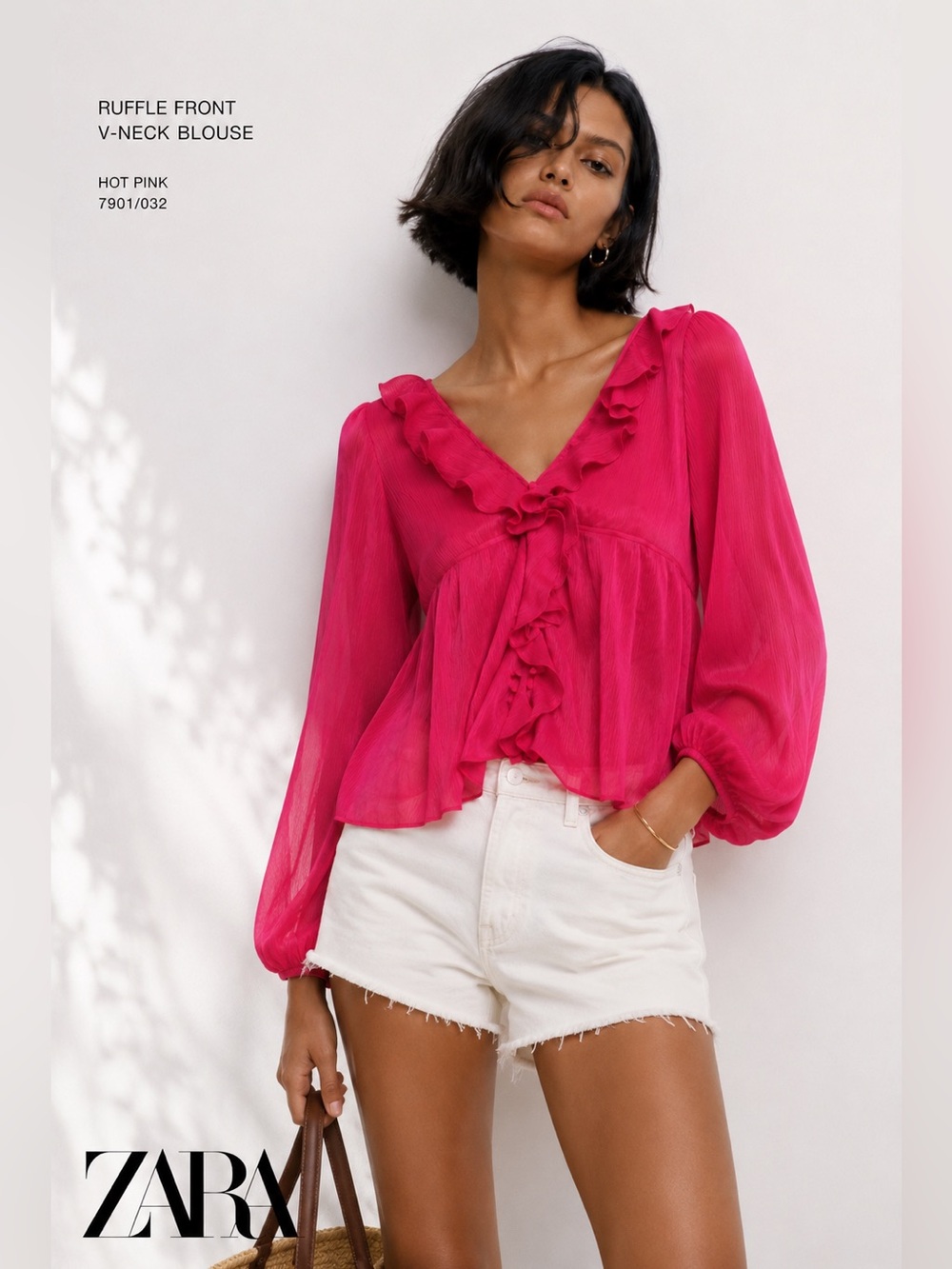 NWT Zara Hot Pink Ruffle Front V-Neck Sheer Blouse
